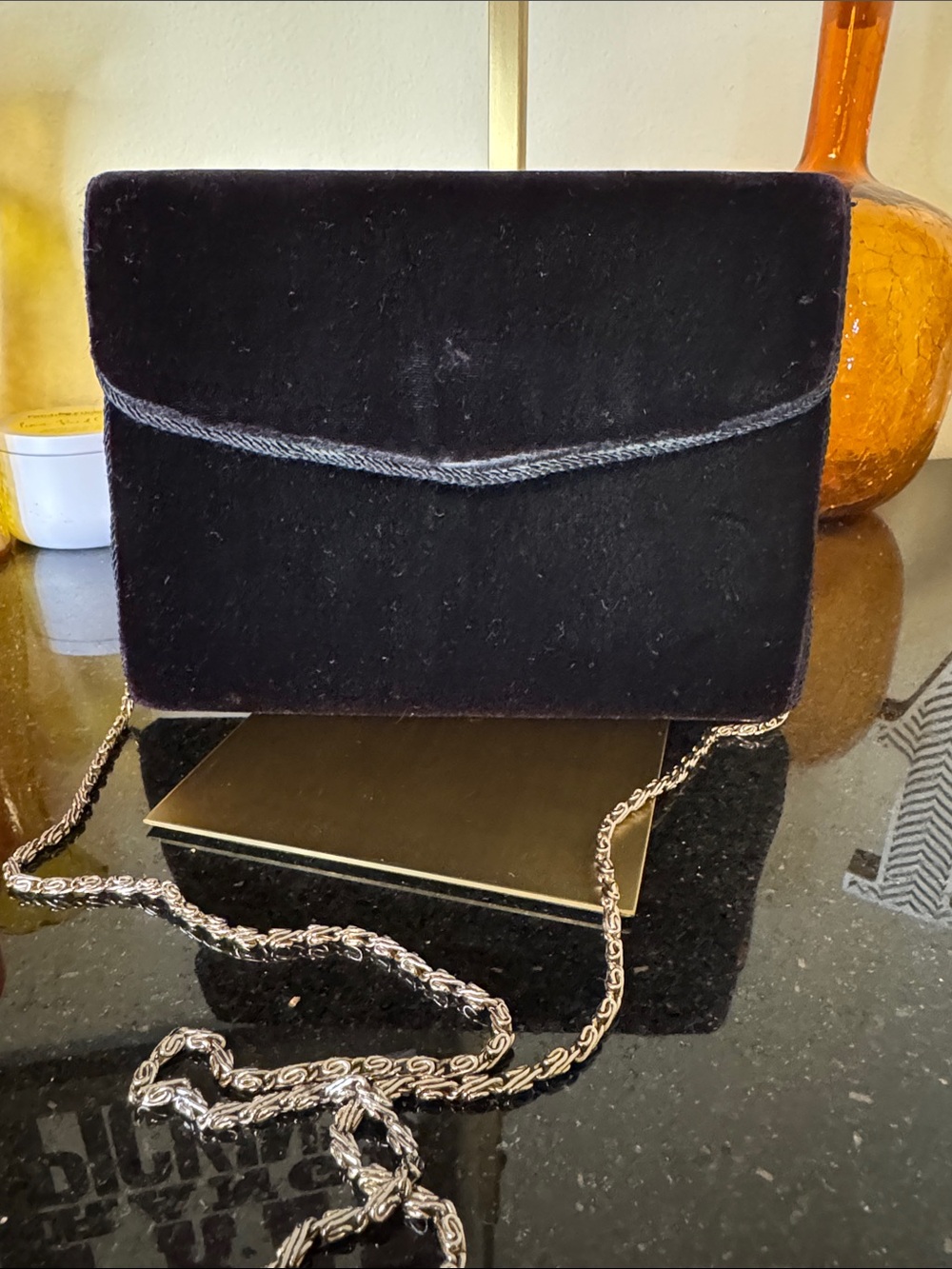 Vintage Lands' End Black Velvet Chain-Detail Envelope Clutch